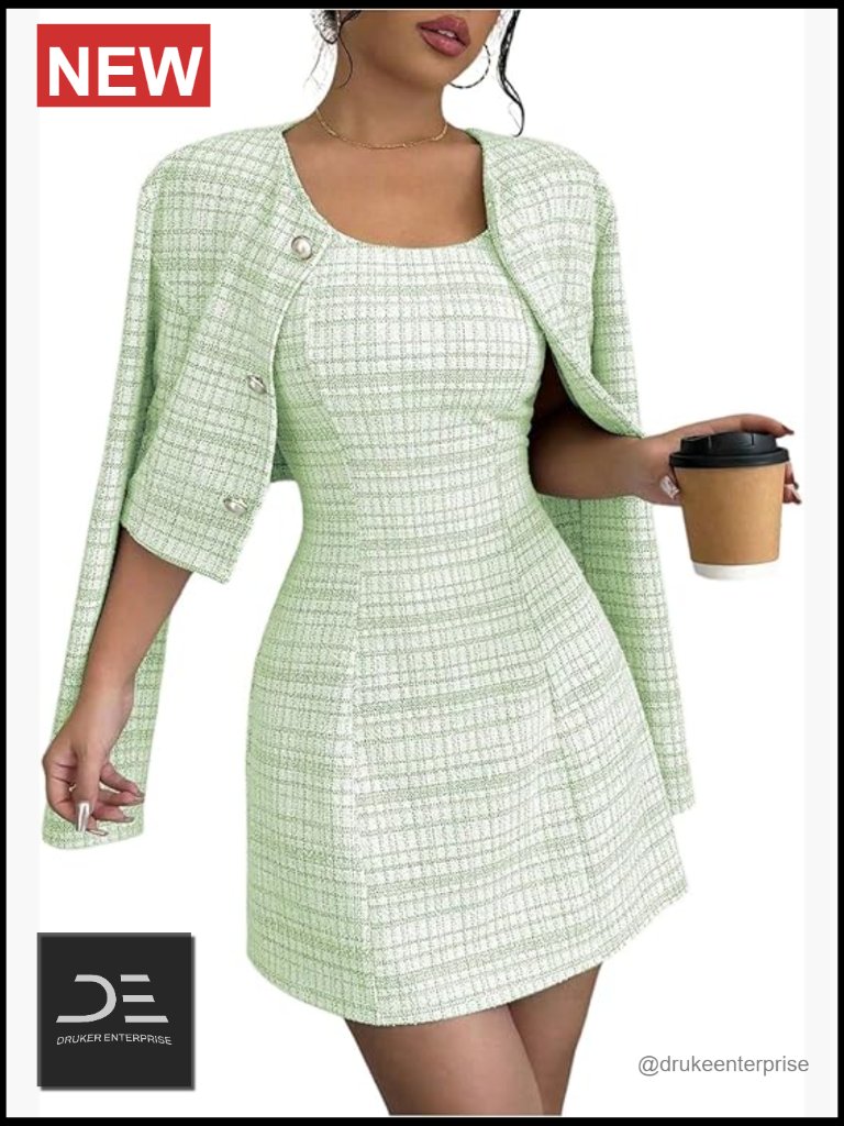 Plaid 2 Piece Outfit: Long Sleeve Cropped Jacket & Sleeveless Mini Dress Set